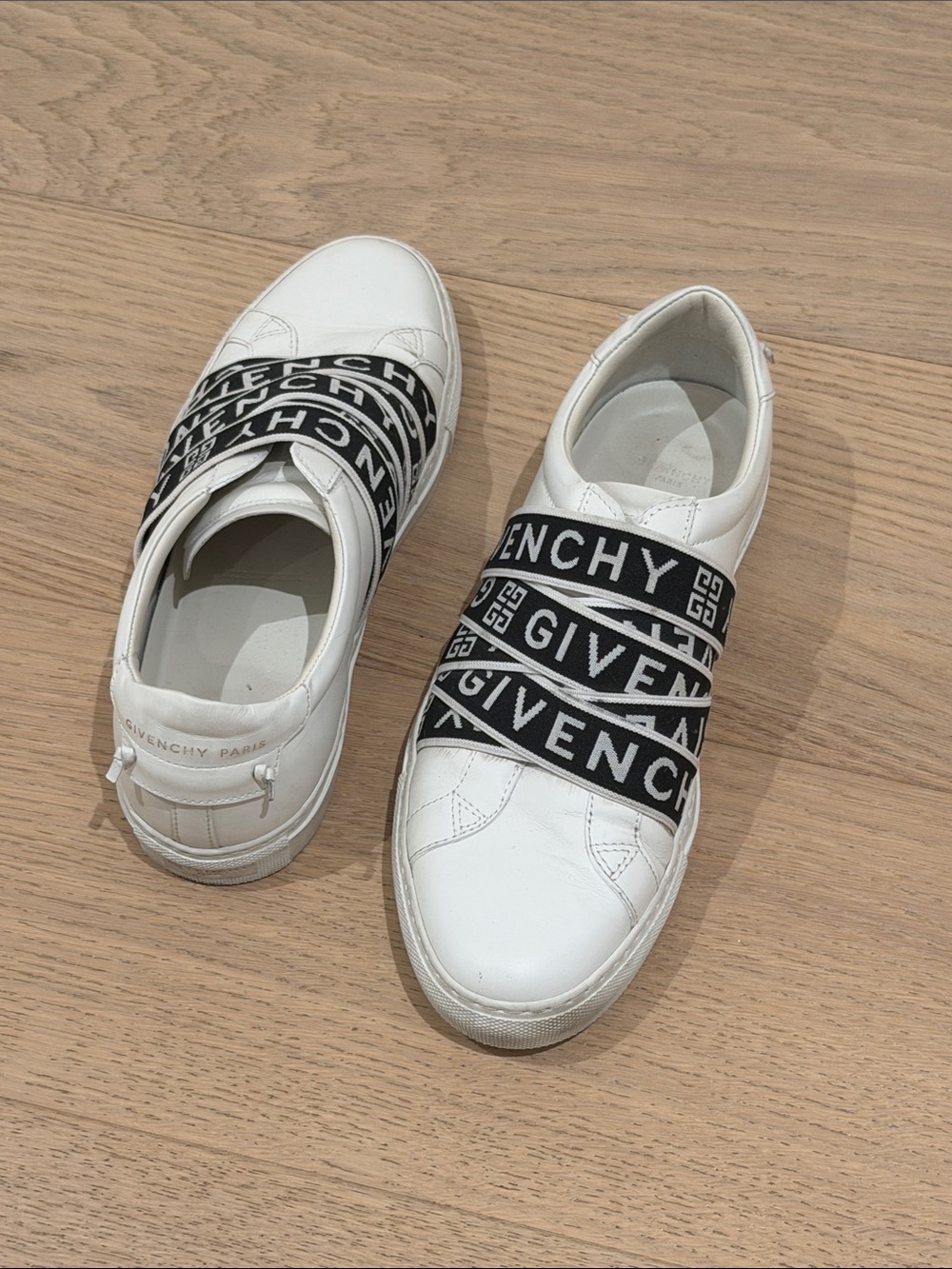 Givenchy White Leather Slip-Ons with Black Logo Straps Size 41